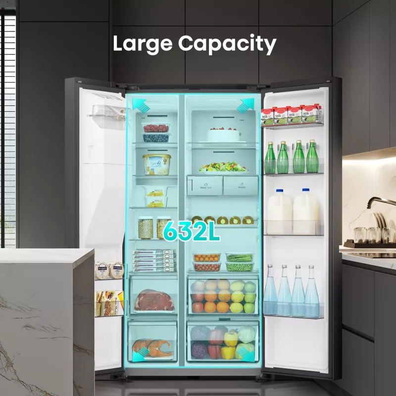 Hisense Side by Side Fridge RS818N4TFE, Freestanding, American Door, Czarny, Touch, LED, On-Door Display