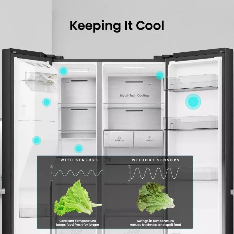 Hisense Side by Side Fridge RS818N4TFE, Freestanding, American Door, Czarny, Touch, LED, On-Door Display