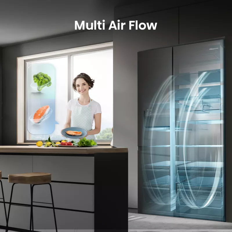 Hisense Side by Side Fridge RS818N4TFE, Freestanding, American Door, Czarny, Touch, LED, On-Door Display
