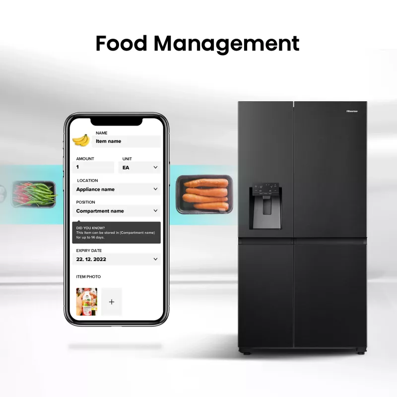 Hisense Side by Side Fridge RS818N4TFE, Freestanding, American Door, Czarny, Touch, LED, On-Door Display
