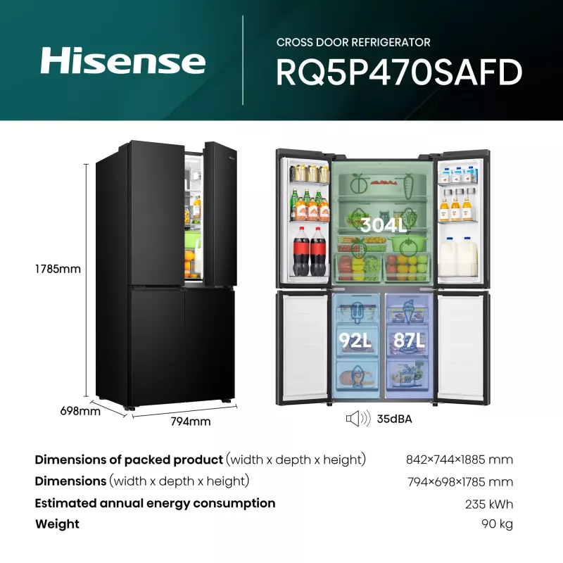 Hisense RQ5P470SAFD Wolnostojąca 483 L Czarna, Stal nierdzewna