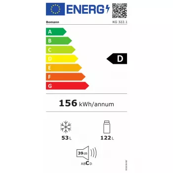 Lodówka wolnostojąca BOMANN KG 322.1, 175 l całkowitej pojemności, stal nierdzewna, lodówka 122 l + zamrażarka 53 l, klasa D, 39 dB