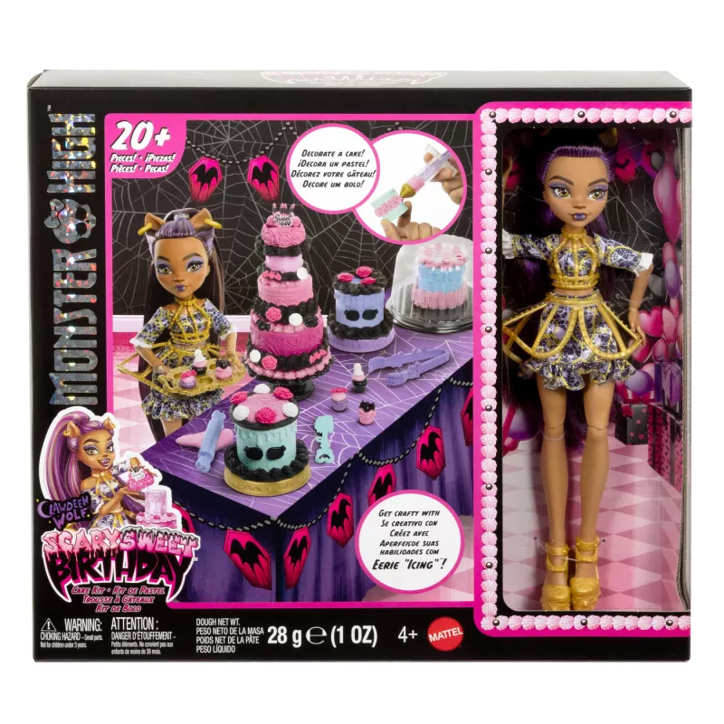 Monster High Strasznie Słodki Zestaw Tort Urodzinowy z Lalką Clawdeen Wolf i Ponad 20 Akcesoriami do Dekorowania