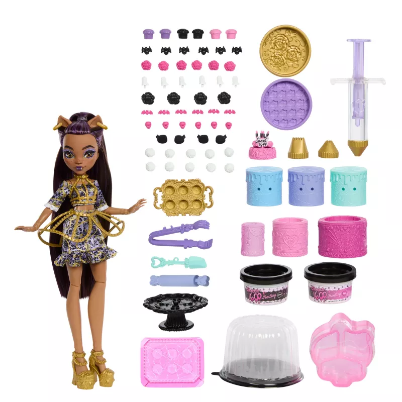 Monster High Strasznie Słodki Zestaw Tort Urodzinowy z Lalką Clawdeen Wolf i Ponad 20 Akcesoriami do Dekorowania