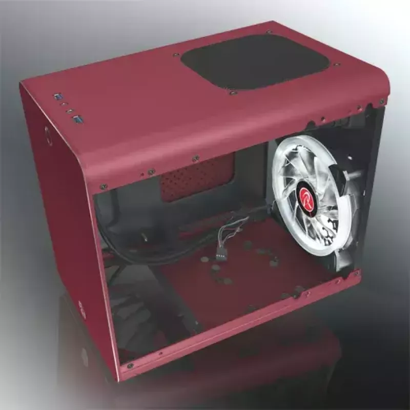 RAIJINTEK METIS PLUS Mini Tower Obudowa PC Czerwona — Mini-ITX, 1x zatoka 3.5 cala, 4x zatoki 2.5 cala, wentylatory 120 mm