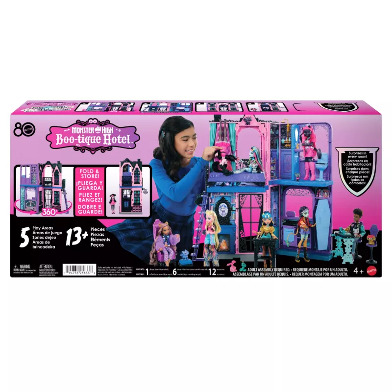 Monster High Boo-tique Hotel Domek dla lalek z upiornymi niespodziankami w każdym pokoju i ponad 13 akcesoriami