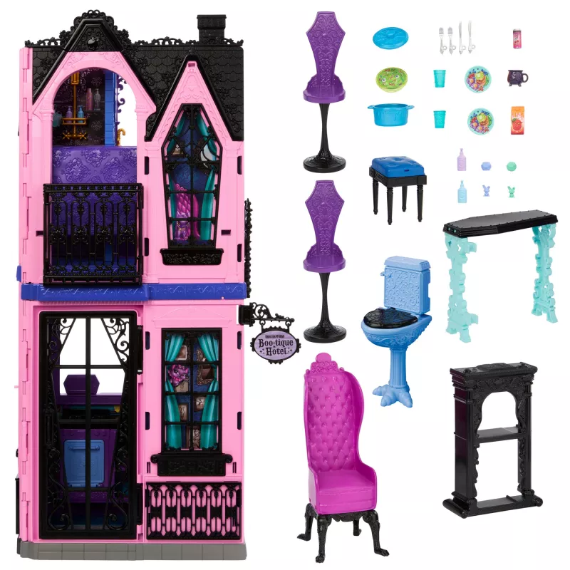 Monster High Boo-tique Hotel Domek dla lalek z upiornymi niespodziankami w każdym pokoju i ponad 13 akcesoriami