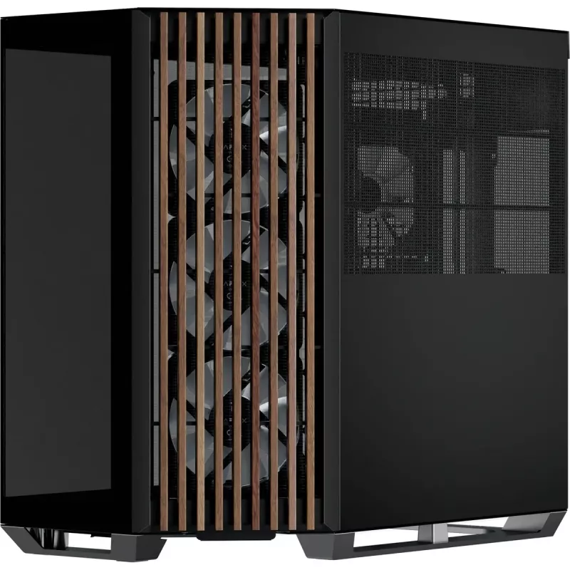 APNX Tower case V1-W-BK-v3 z dwoma panelami ze szkła hartowanego i okładziną drewnianą, czarny