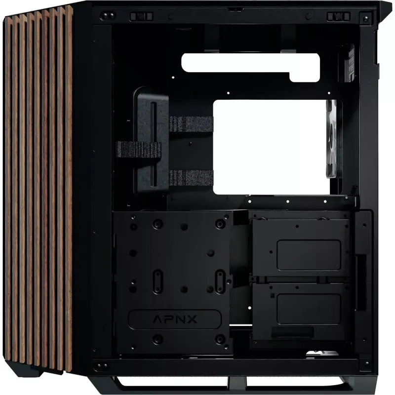 APNX Tower case V1-W-BK-v3 z dwoma panelami ze szkła hartowanego i okładziną drewnianą, czarny