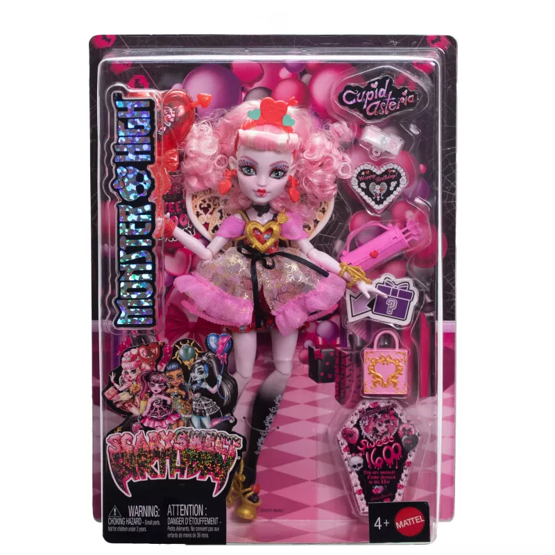 Lalka MATTEL Monster High Scary Sweet Birthday Cupid Asteria – kolekcjonerska lalka modowa, artykułowana, zestaw tematyczny