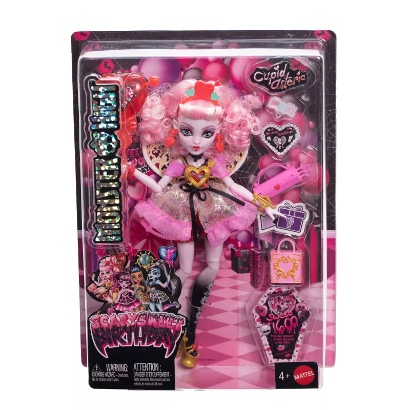 Lalka MATTEL Monster High Scary Sweet Birthday Cupid Asteria – kolekcjonerska lalka modowa, artykułowana, zestaw tematyczny