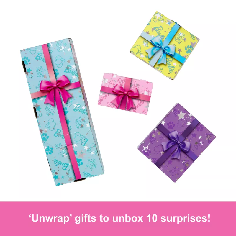 Barbie Party Unboxed Pet Birthday Series Lalka i akcesoria, zestaw Birthday Bows z 10 niespodziankami