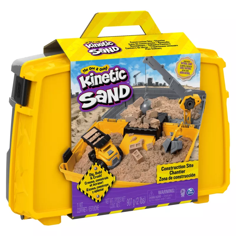 Kinetic Sand, składana piaskownica Construction Site z 2 funtami piasku do zabawy i ciężarówką, walizka do przechowywania, zabawki sensoryczne, prezenty świąteczne dla dzieci od 3 lat