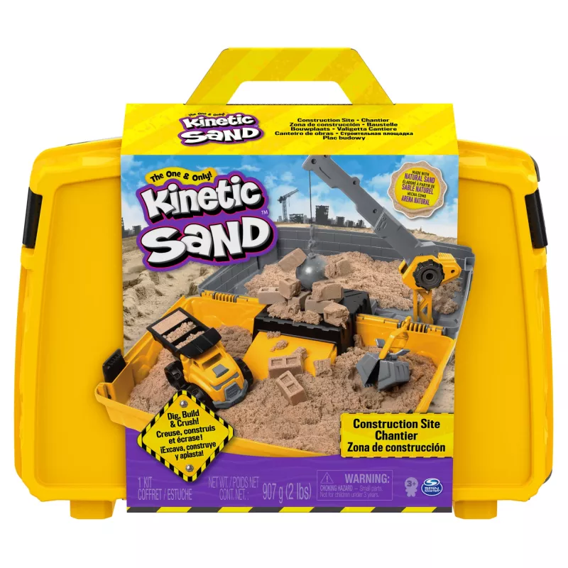 Kinetic Sand, składana piaskownica Construction Site z 2 funtami piasku do zabawy i ciężarówką, walizka do przechowywania, zabawki sensoryczne, prezenty świąteczne dla dzieci od 3 lat
