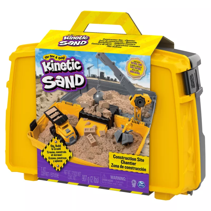 Kinetic Sand, składana piaskownica Construction Site z 2 funtami piasku do zabawy i ciężarówką, walizka do przechowywania, zabawki sensoryczne, prezenty świąteczne dla dzieci od 3 lat