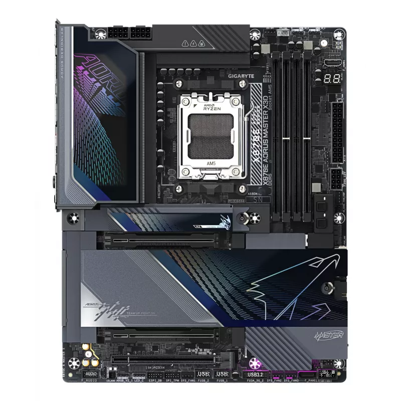 Płyta główna GIGABYTE X870E AORUS MASTER X3D - obsługa procesorów AMD Ryzen 9000, 18+2+2-fazowa cyfrowa VRM, do 9000 MHz DDR5 (OC), 2xPCIe 5.0 + 3xPCIe 4.0, Wi-Fi 7, LAN 10GbE, USB 4