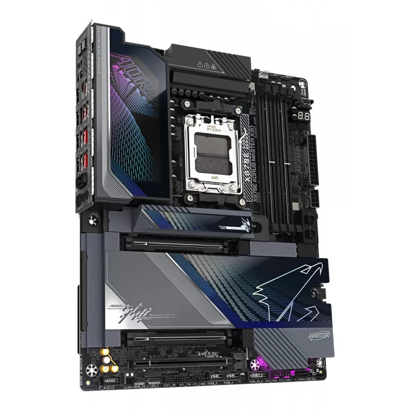 Płyta główna GIGABYTE X870E AORUS MASTER X3D - obsługa procesorów AMD Ryzen 9000, 18+2+2-fazowa cyfrowa VRM, do 9000 MHz DDR5 (OC), 2xPCIe 5.0 + 3xPCIe 4.0, Wi-Fi 7, LAN 10GbE, USB 4