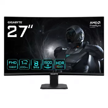 Monitor do gier GIGABYTE GS27FCA z zakrzywionym ekranem o przekątnej 27 cali w rozdzielczości Full HD – 1920 x 1080, 200 Hz, 1 ms, 250 cd/m², FreeSync Premium, gotowość HDR, HDMI 2.0, DisplayPort 1.4