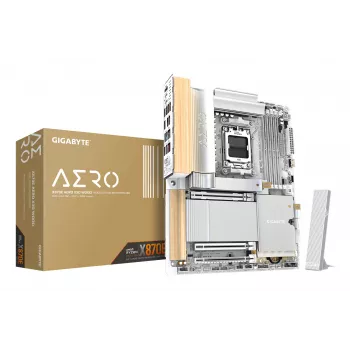 Płyta główna GIGABYTE X870E AERO X3D WOOD — obsługa procesorów AMD Ryzen 9000, 16+2+2 fazowa cyfrowa sekcja zasilania, do 9000 MHz DDR5 (OC), 2x PCIe 5.0 + 2x PCIe 4.0, Wi-Fi 7, sieć LAN 5 GbE, USB 4