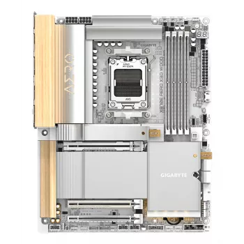 Płyta główna GIGABYTE X870E AERO X3D WOOD — obsługa procesorów AMD Ryzen 9000, 16+2+2 fazowa cyfrowa sekcja zasilania, do 9000 MHz DDR5 (OC), 2x PCIe 5.0 + 2x PCIe 4.0, Wi-Fi 7, sieć LAN 5 GbE, USB 4