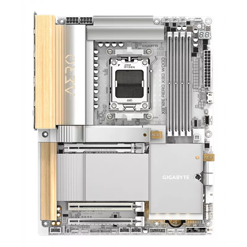 Płyta główna GIGABYTE X870E AERO X3D WOOD — obsługa procesorów AMD Ryzen 9000, 16+2+2 fazowa cyfrowa sekcja zasilania, do 9000 MHz DDR5 (OC), 2x PCIe 5.0 + 2x PCIe 4.0, Wi-Fi 7, sieć LAN 5 GbE, USB 4