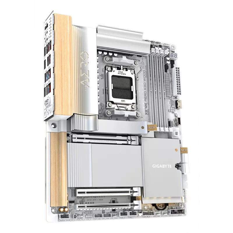 Płyta główna GIGABYTE X870E AERO X3D WOOD — obsługa procesorów AMD Ryzen 9000, 16+2+2 fazowa cyfrowa sekcja zasilania, do 9000 MHz DDR5 (OC), 2x PCIe 5.0 + 2x PCIe 4.0, Wi-Fi 7, sieć LAN 5 GbE, USB 4
