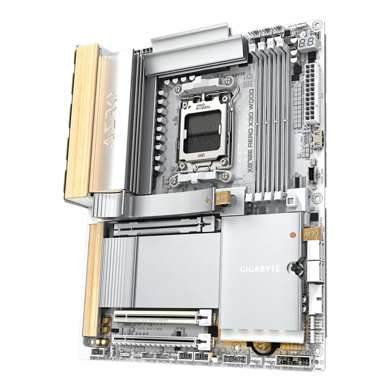 Płyta główna GIGABYTE X870E AERO X3D WOOD — obsługa procesorów AMD Ryzen 9000, 16+2+2 fazowa cyfrowa sekcja zasilania, do 9000 MHz DDR5 (OC), 2x PCIe 5.0 + 2x PCIe 4.0, Wi-Fi 7, sieć LAN 5 GbE, USB 4