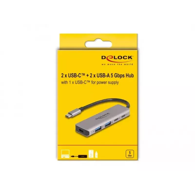 DeLOCK USB Hub 5 Gbps 2 Port USB Type-C i 2 Port Type-A Szary Metal