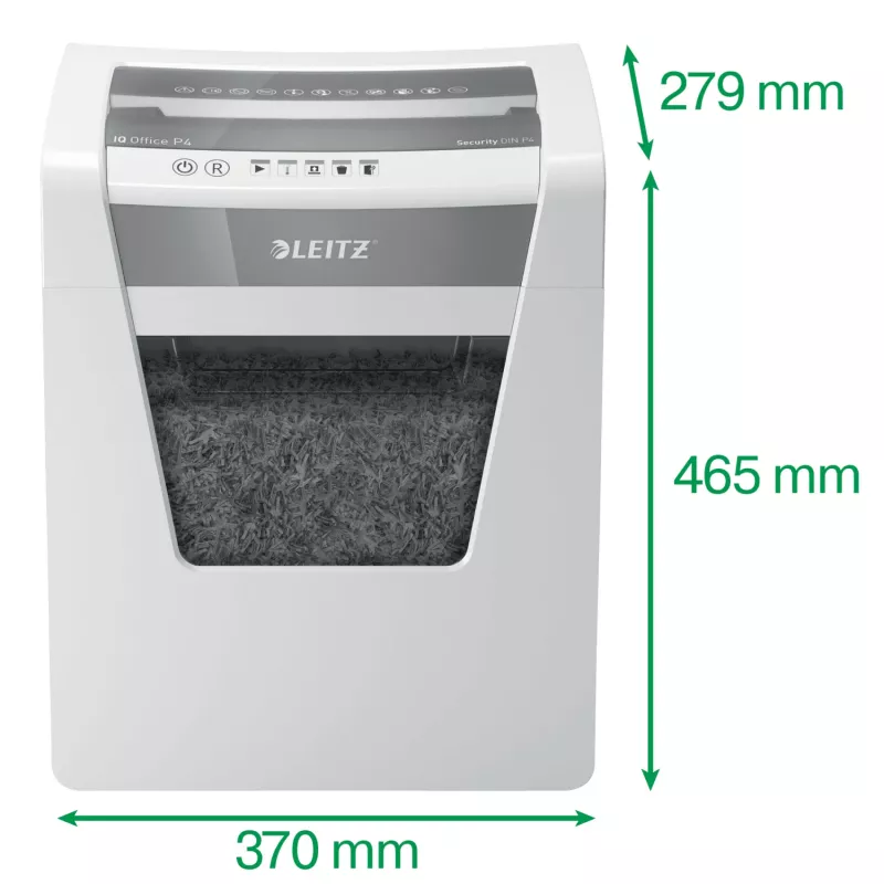 Niszczarka do papieru Leitz IQ Office P4, cięcie krzyżowe, 22,3 cm, 4 x 40 mm, 23 L, 225 arkuszy, 55 dB