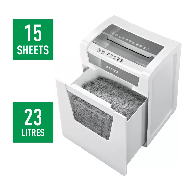 Niszczarka do papieru Leitz IQ Office P4, cięcie krzyżowe, 22,3 cm, 4 x 40 mm, 23 L, 225 arkuszy, 55 dB