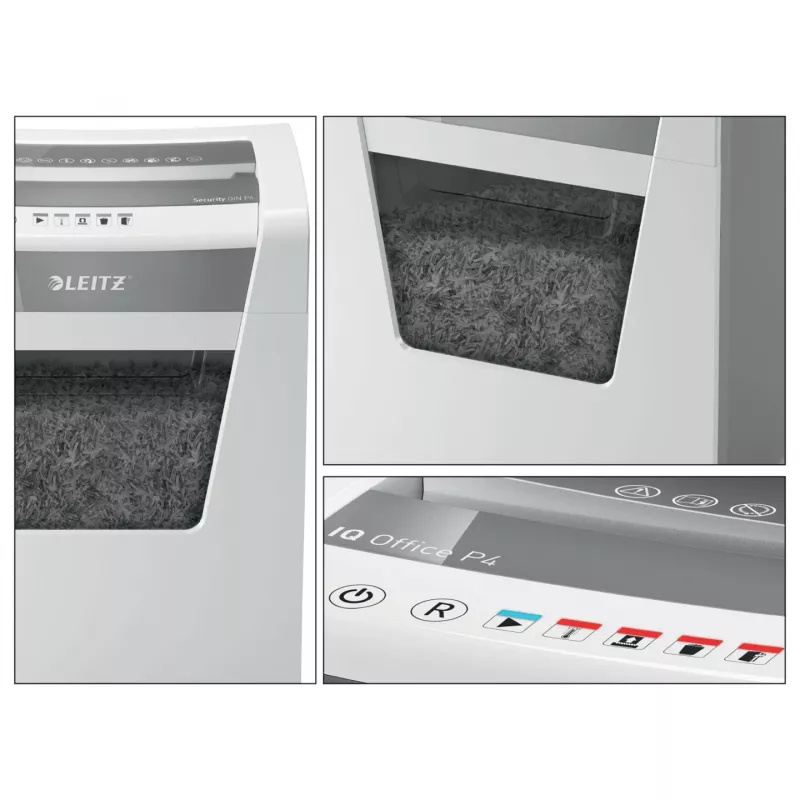 Niszczarka do papieru Leitz IQ Office P4, cięcie krzyżowe, 22,3 cm, 4 x 40 mm, 23 L, 225 arkuszy, 55 dB