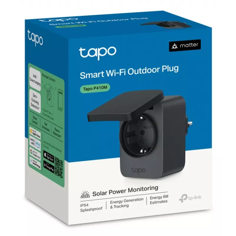 Inteligentna wtyczka TP-Link Tapo P410M — zewnętrzne gniazdo Wi‑Fi, 3680 W, 200–250 V, czarna