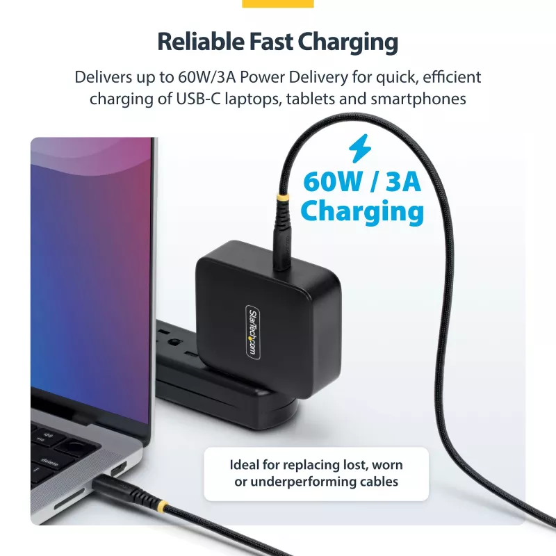 StarTech.com 15cm (6in) USB-C Charging kabel, 60W (3A) PD, Dual-Layer Braided Nylon/TPE Jacket, Rugged USB C Charging Cord, USB 2.0 Laptop Charger kabel