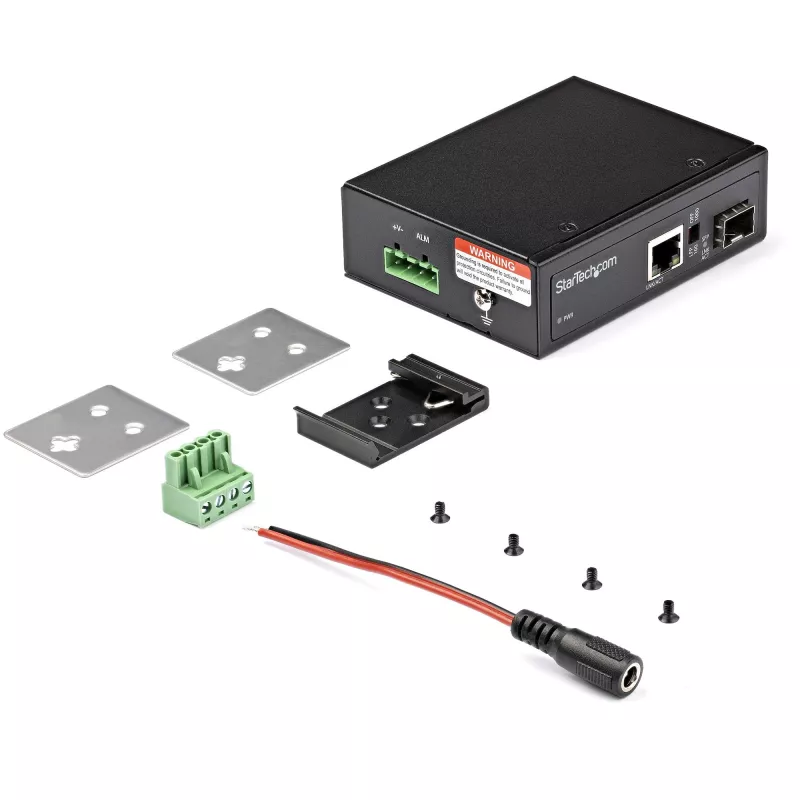 StarTech.com Przemysłowy konwerter mediów światłowód na Ethernet - 10/100/1000 Mbps SFP na RJ45/Cat6 - Jednomodowy/Wielomodowy światłowód na miedzianą sieć Gigabit - 12-56V DC - IP-30/ -40 do +75°C