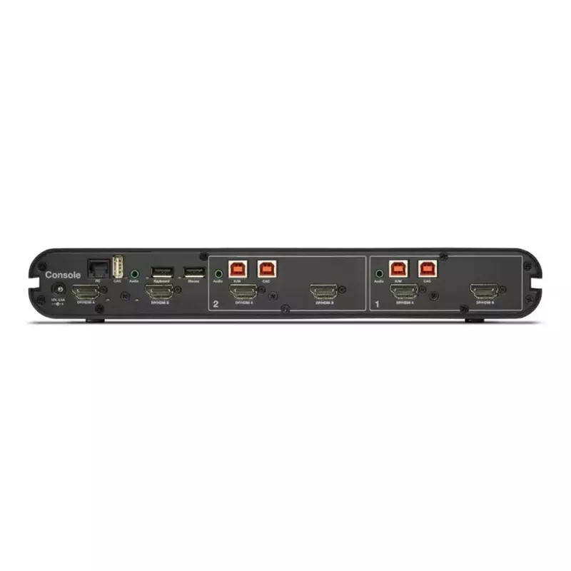 Przełącznik KVM Belkin Universal 2nd Gen — 2-portowy bezpieczny KVM, HDMI/DisplayPort, 4K@60Hz, klawiatura/mysz USB, czarny, do montażu w szafie rack