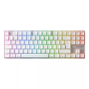 Bezprzewodowa klawiatura gamingowa CHERRY MX 8.2 Pro TMR — Tenkeyless, QWERTZ niemiecki, USB + RF + Bluetooth, RGB, srebrno-biała