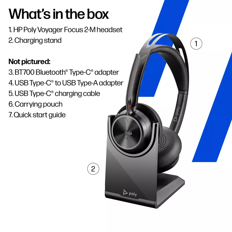 HP Poly Voyager Focus 2-M USB-C-C Headset USB-C/A Adapter Charging Stand