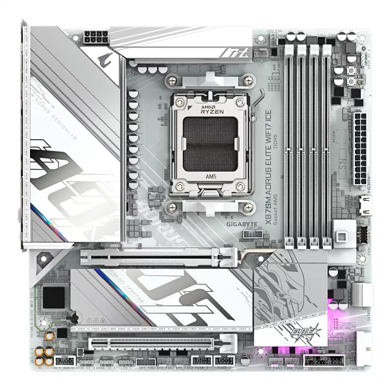 Płyta główna GIGABYTE X870M AORUS ELITE WIFI7 ICE — Micro ATX, AMD X870, gniazdo AM5, DDR5 do 8200Hz (O.C), 14+2+2 VRM, PCIe 5.0, Wi‑Fi 7, 2.5 GbE, USB4