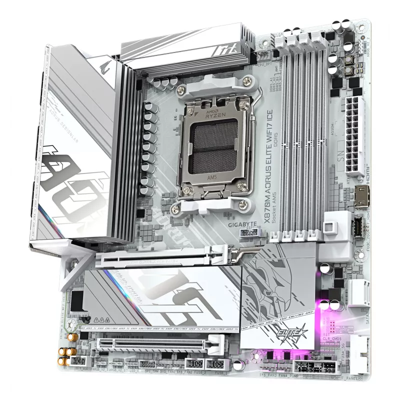Płyta główna GIGABYTE X870M AORUS ELITE WIFI7 ICE — Micro ATX, AMD X870, gniazdo AM5, DDR5 do 8200Hz (O.C), 14+2+2 VRM, PCIe 5.0, Wi‑Fi 7, 2.5 GbE, USB4