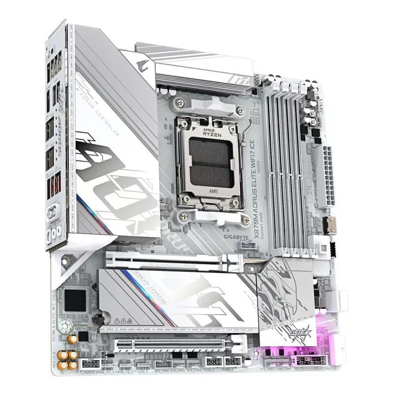 Płyta główna GIGABYTE X870M AORUS ELITE WIFI7 ICE — Micro ATX, AMD X870, gniazdo AM5, DDR5 do 8200Hz (O.C), 14+2+2 VRM, PCIe 5.0, Wi‑Fi 7, 2.5 GbE, USB4