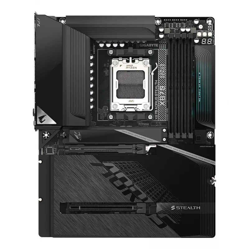 GIGABYTE X870 AORUS STEALTH Płyta główna - Obsługuje procesory AMD Ryzen 9000, 16+2+2-fazowa cyfrowa VRM, do 8200Hz DDR5 (OC), 2xPCIe 5.0 + 2xPCIe 4.0, Wi-Fi 7, 5 GbE LAN, USB 4