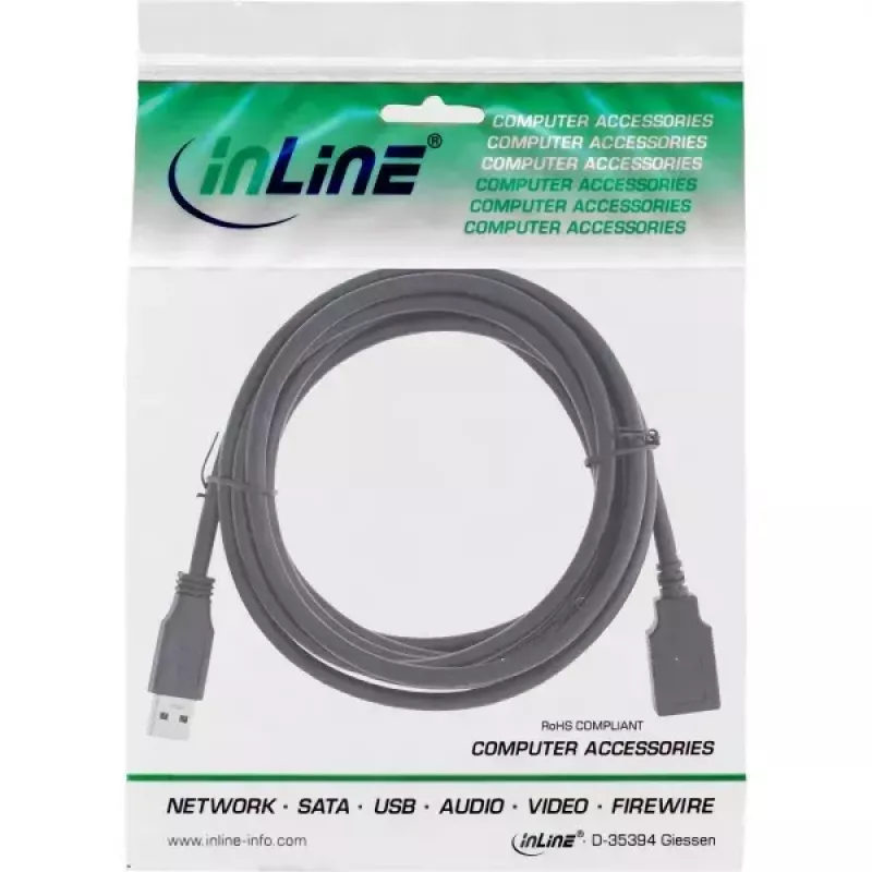 Kabel przedłużający USB 3.2 Gen 1 (USB 3.0) wtyk A męski–gniazdo A żeńskie, InLine, 2 m, czarny — opakowanie 50 szt.