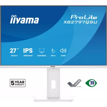 27-calowy monitor LED IIYAMA ProLite XB2797QSU-W1 IPS Quad HD (2560x1440), kąt widzenia 178°, hub USB 3.2, głośniki, VESA, regulacja wysokości, biały