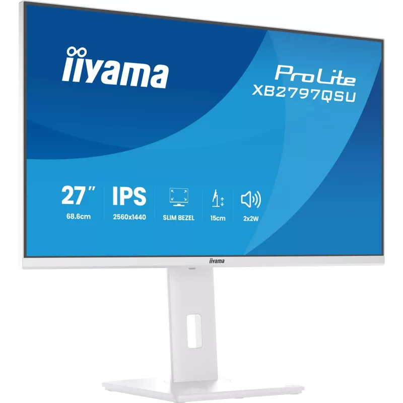 27-calowy monitor LED IIYAMA ProLite XB2797QSU-W1 IPS Quad HD (2560x1440), kąt widzenia 178°, hub USB 3.2, głośniki, VESA, regulacja wysokości, biały