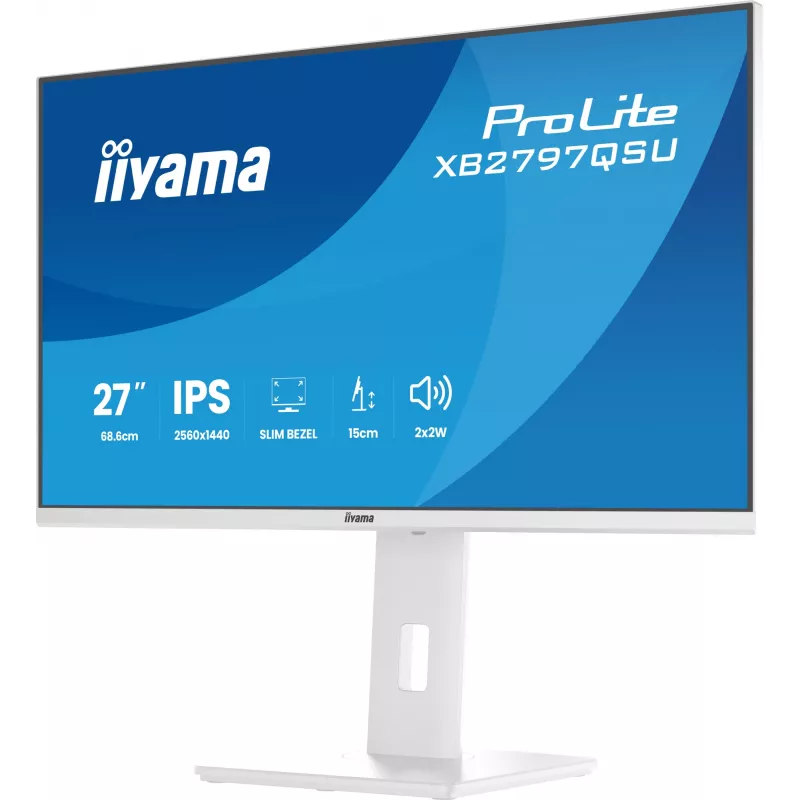 27-calowy monitor LED IIYAMA ProLite XB2797QSU-W1 IPS Quad HD (2560x1440), kąt widzenia 178°, hub USB 3.2, głośniki, VESA, regulacja wysokości, biały