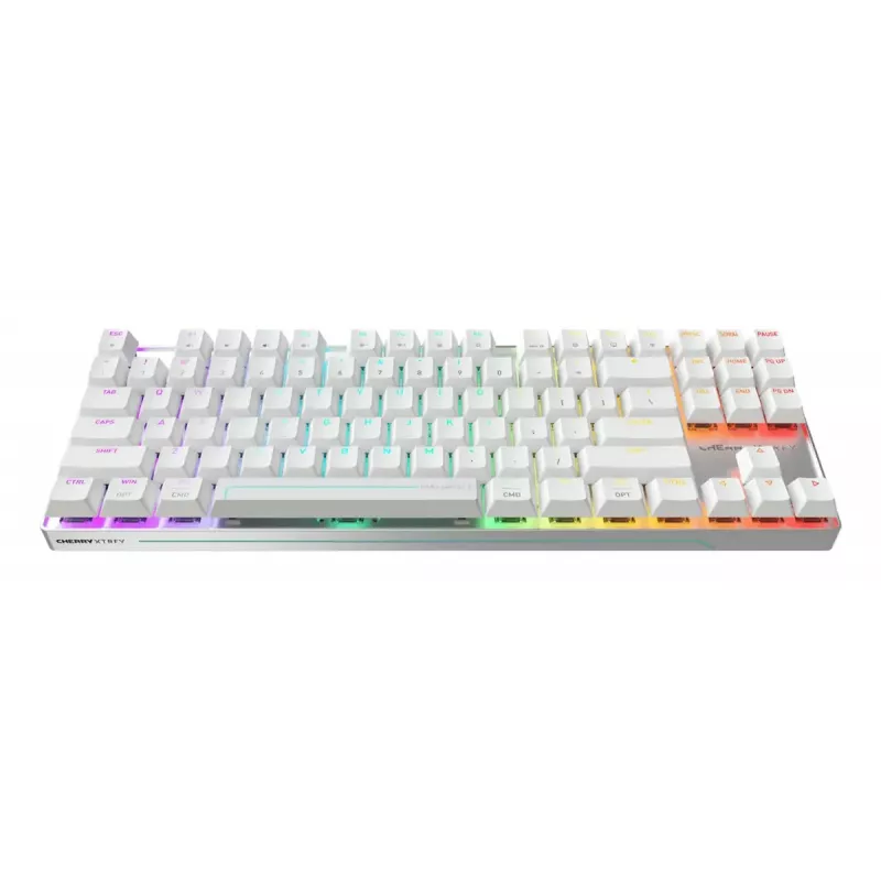 Bezprzewodowa klawiatura gamingowa Cherry MX 8.2 Pro TMR — Tenkeyless 88 klawiszy, USB + RF + Bluetooth, przełączniki magnetyczno-mechaniczne, RGB, srebrno-biała