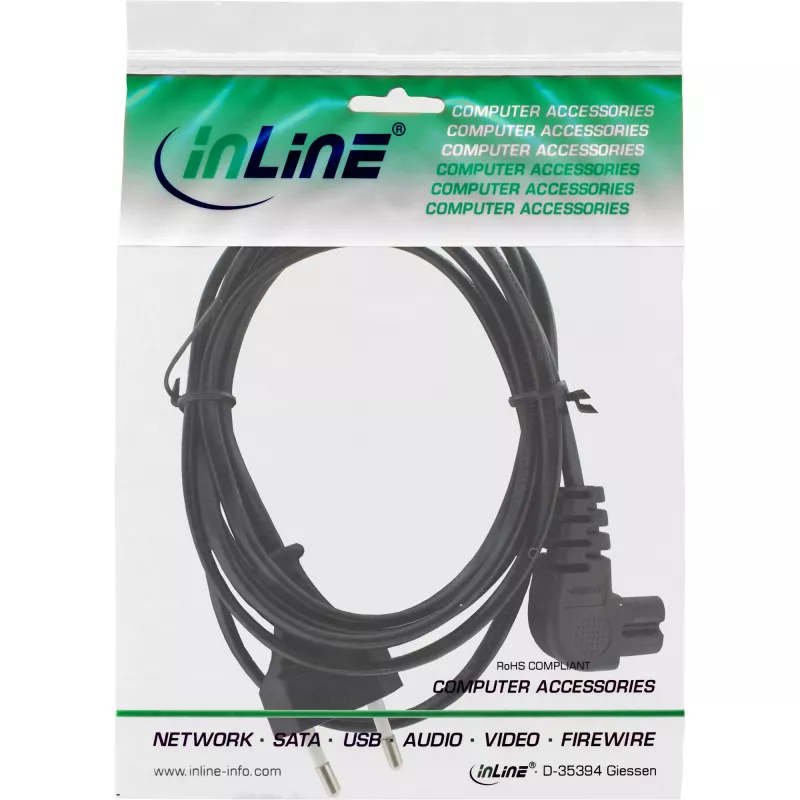 Kabel zasilający InLine, wtyk Euro / wtyk Euro8 kątowy, czarny, 10m