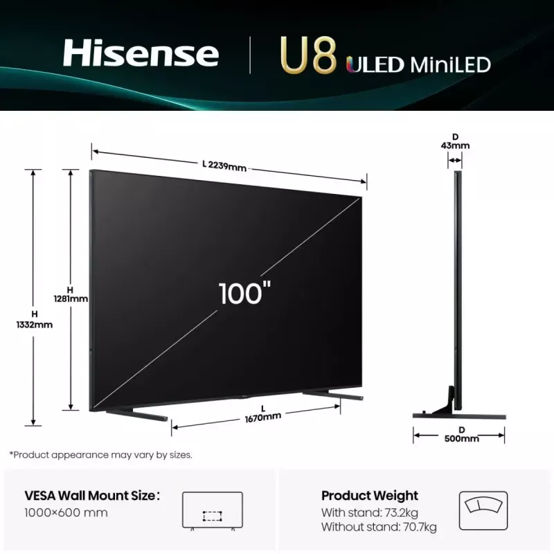 TV Hisense 100U8Q 100 cali (253 cm) 4K ULED Smart TV Mini LED, VIDAA, Wi‑Fi, DVB-T2/C/S2, czarny/szary