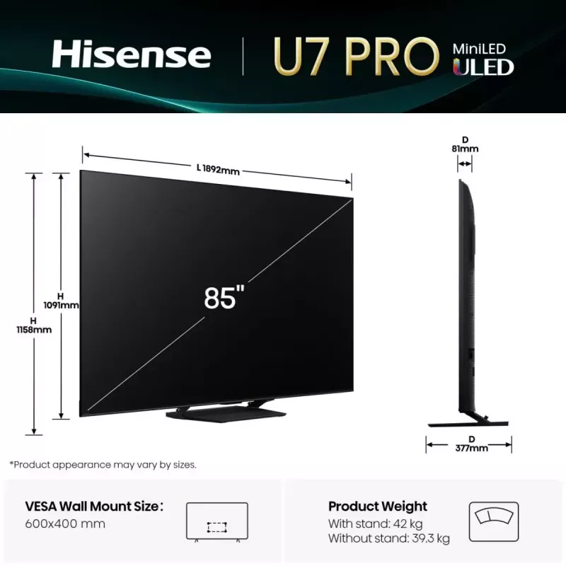Hisense U7Q PRO 85U7Q PRO 2.16 m (85 cali) 4K Ultra HD Smart TV Wi-Fi Czarny 500 cd/m²