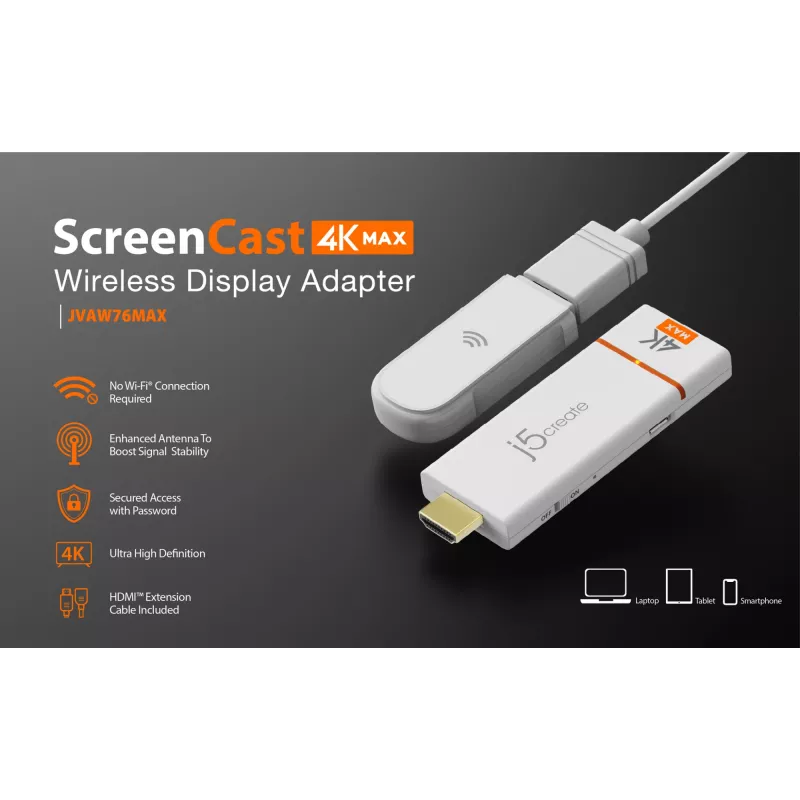 Bezprzewodowy adapter wyświetlacza j5create ScreenCast 4K Max 2160p Biały